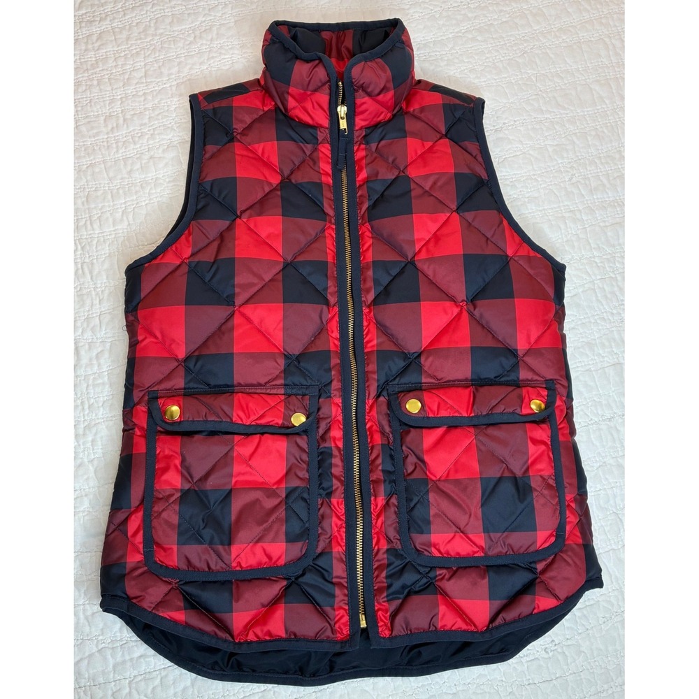 J Crew Quilted Puffer Vest Womens XS Red Buffalo Check Plaid Excursion Zip Up